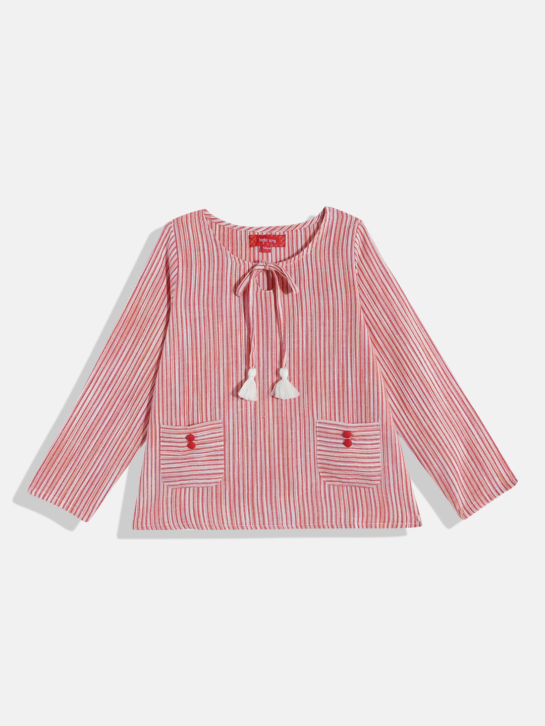 

Indo Era Striped Tie-Up Neck Cotton Top, Red