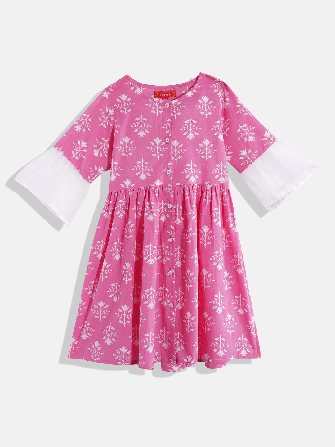 

Indo Era Floral Print Bell Sleeve Cotton A-Line Midi Dress, Pink