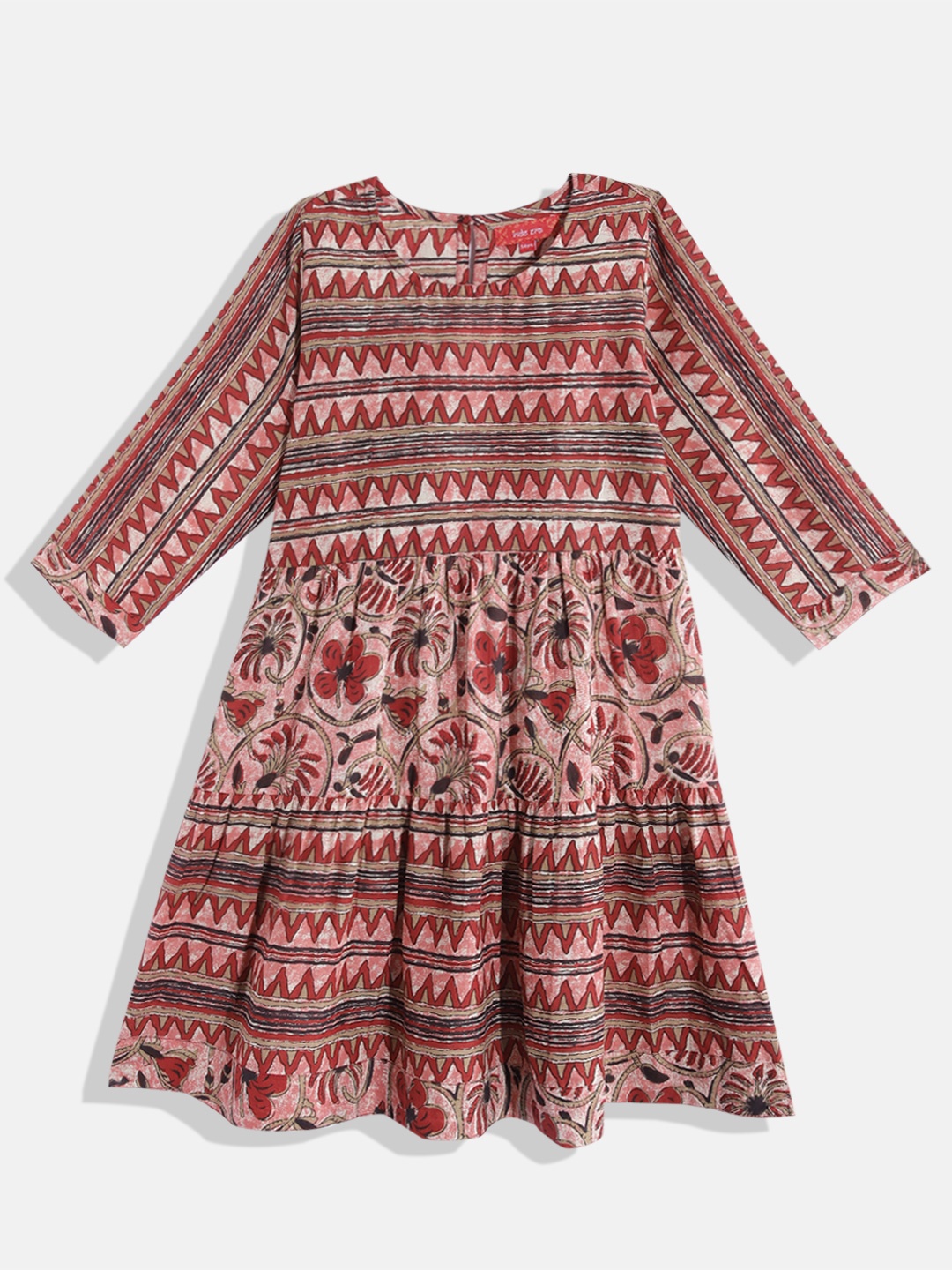 

Indo Era Floral Print Cotton A-Line Dress, Pink