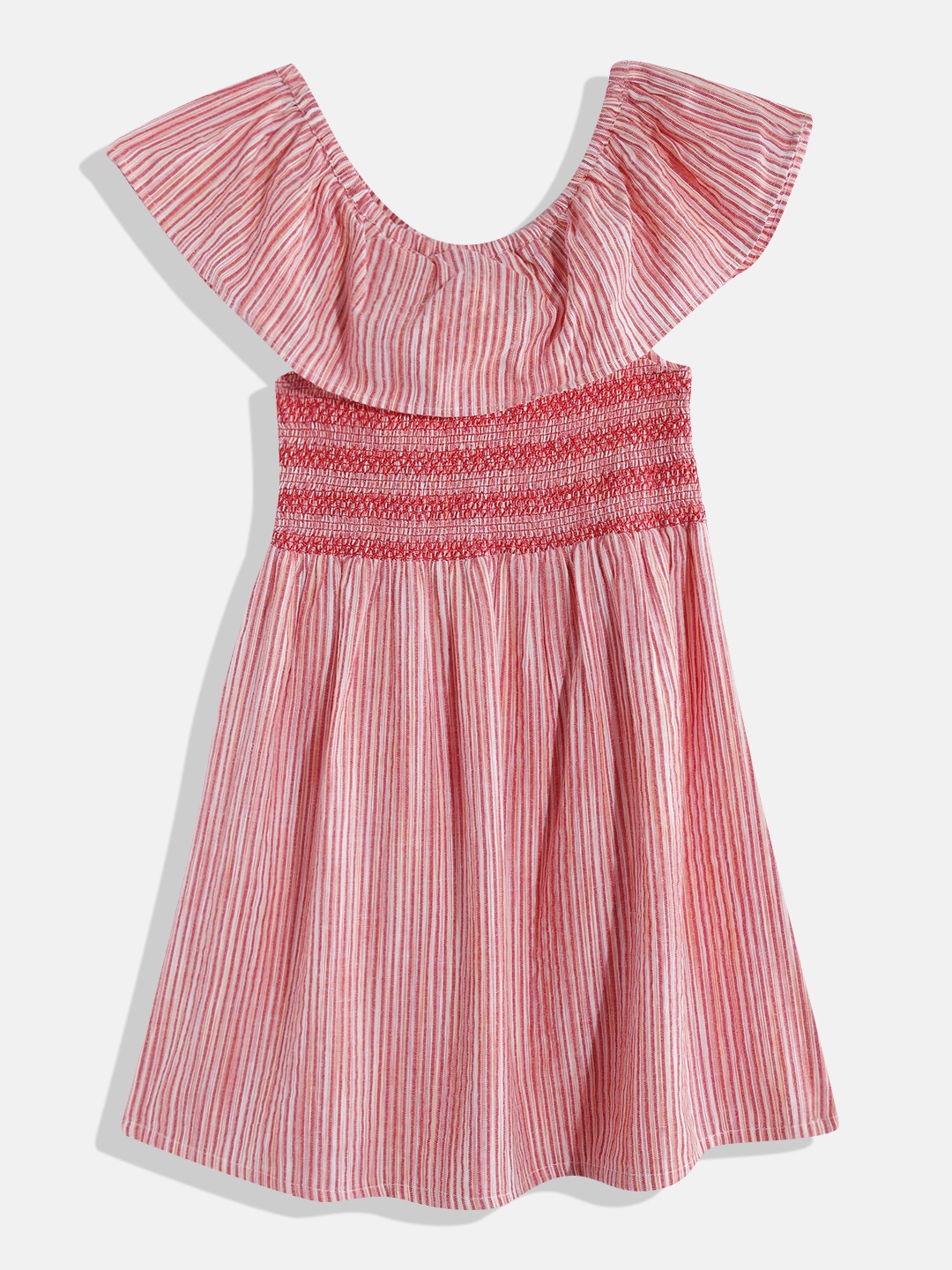 

Indo Era Striped Off-Shoulder Layered A-Line Cotton Dress, Red