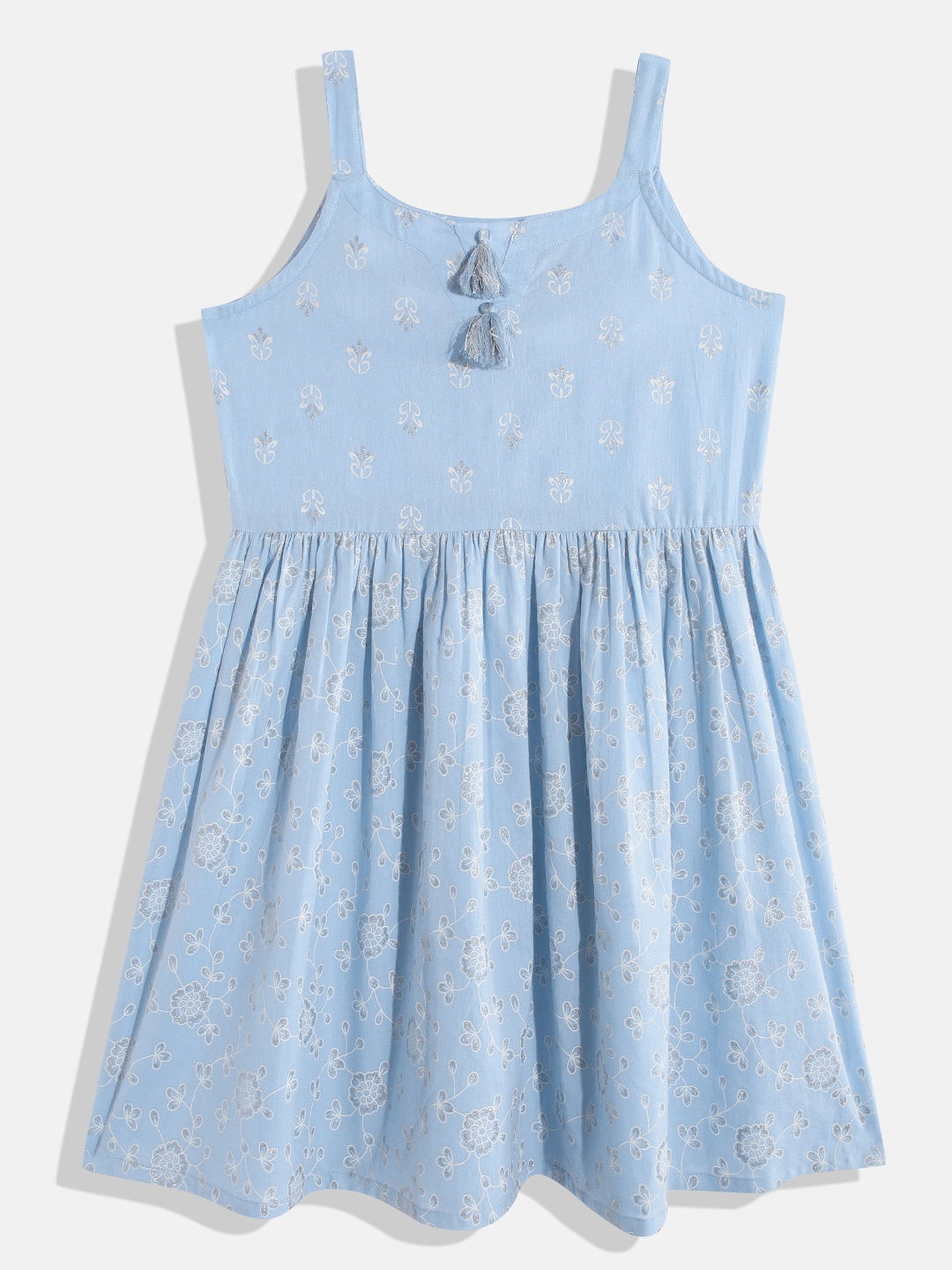 

Indo Era Floral Print A-Line Cotton Dress, Turquoise blue