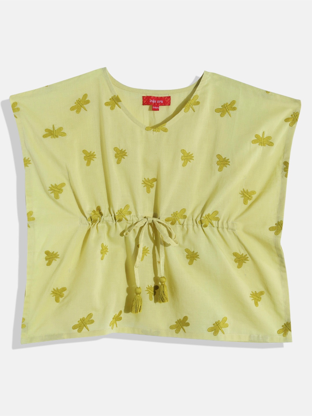 

Indo Era Animal Embroidered Kimono Sleeve Cotton Kaftan Top, Green