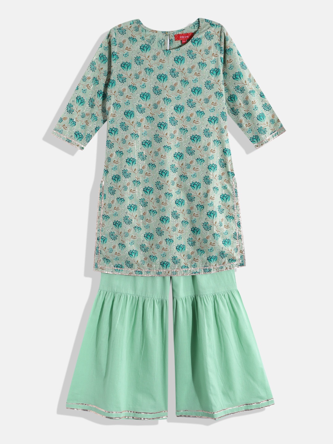 

Indo Era Girls Floral Printed Regular Kurta with Sharara, Sea green
