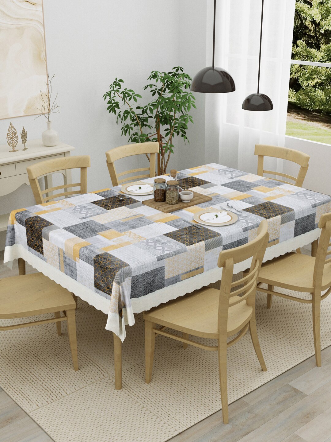 

Clasiko Off-White & Black Geometric Printed Rectangular Shaped 6-Seater Dining Table Cover