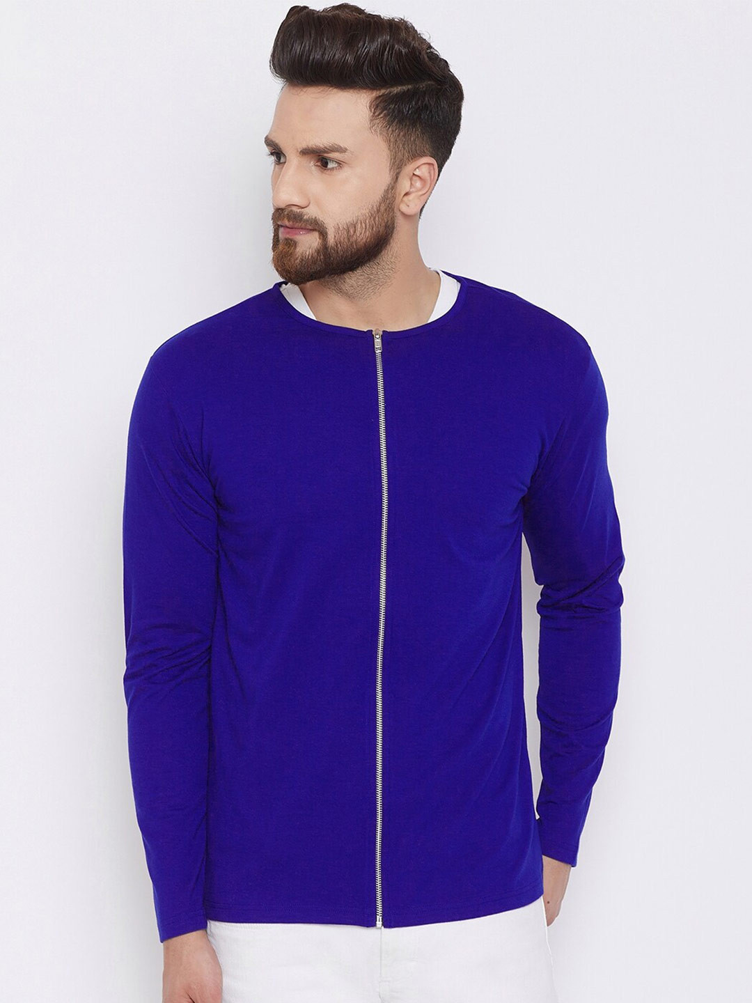 

CHILL WINSTON Collarless Long Sleeves Cotton Open Front Jacket, Blue