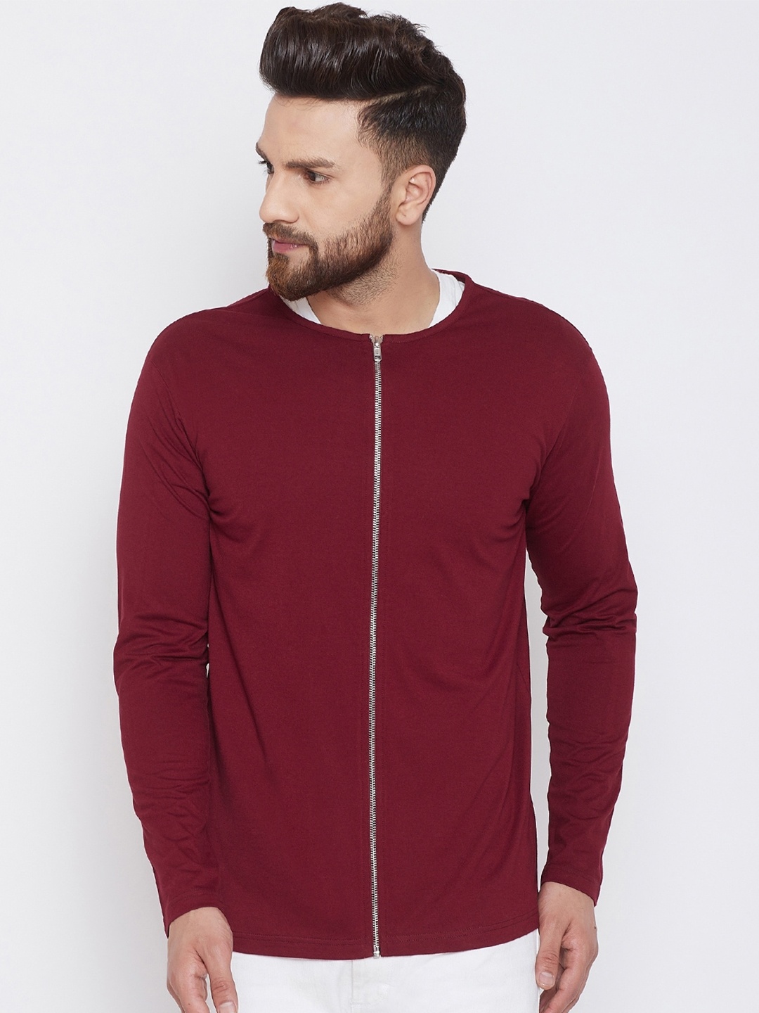 

CHILL WINSTON Collarless Long Sleeves Open Front Cotton Jacket, Maroon