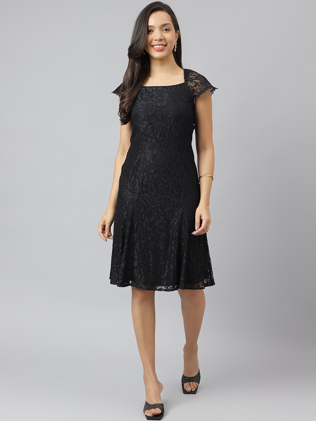 

Latin Quarters Self Design Square Neck A-Line Dress, Black