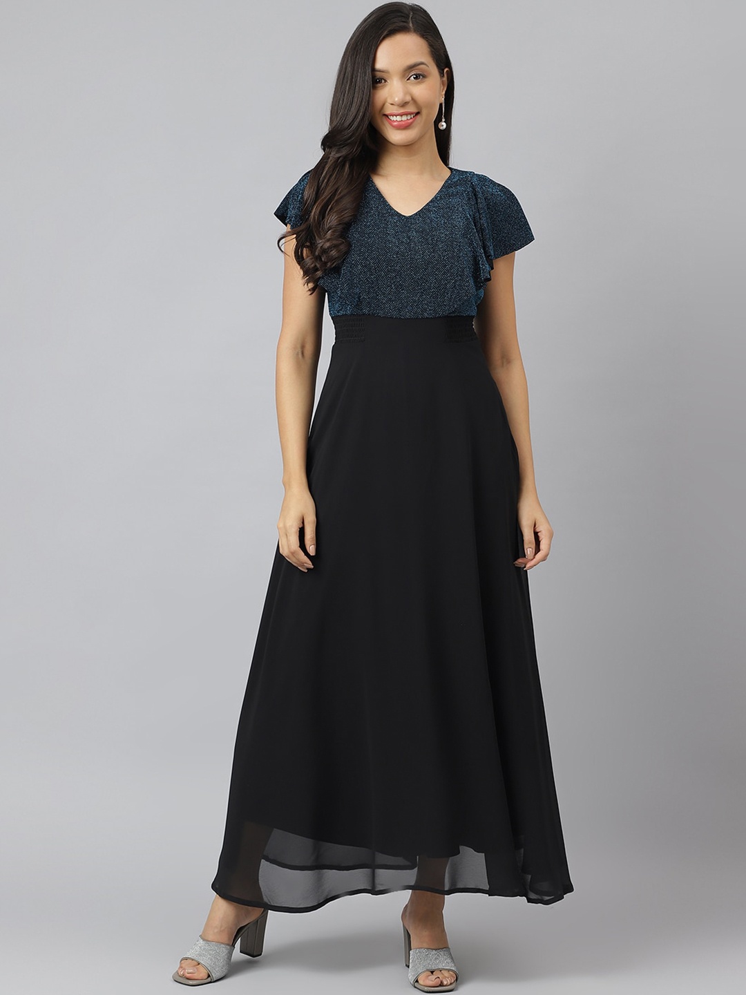 

Latin Quarters Embellished Flutter Sleeves Fit & Flare Maxi Dress, Teal