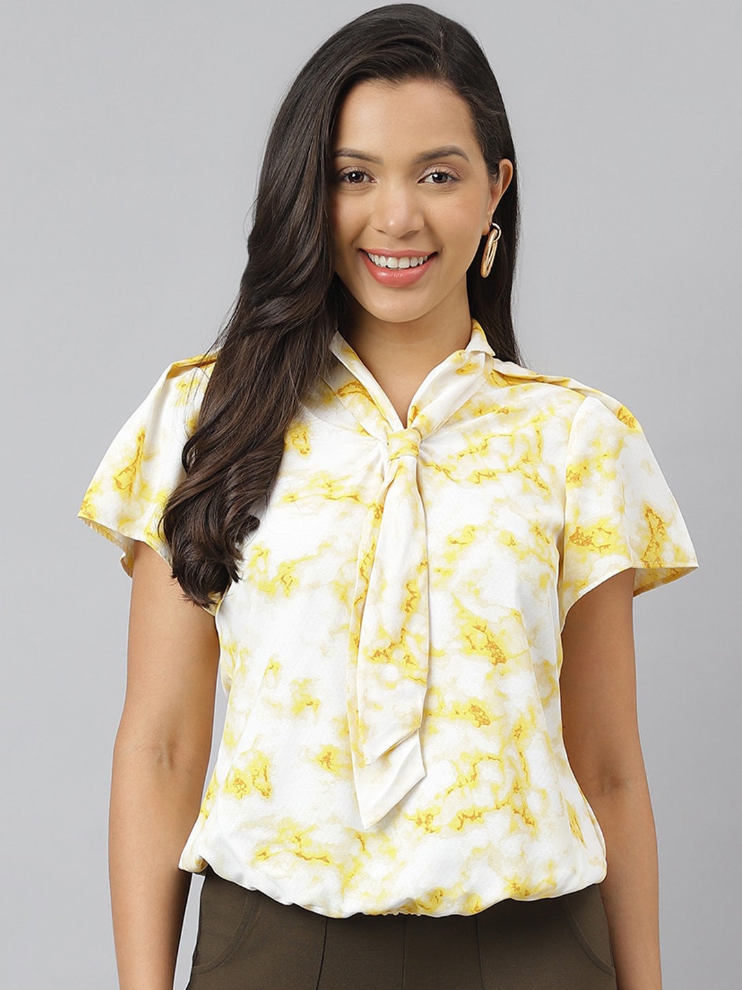 

Latin Quarters Abstract Printed Tie-Up Neck Regular Top, Yellow