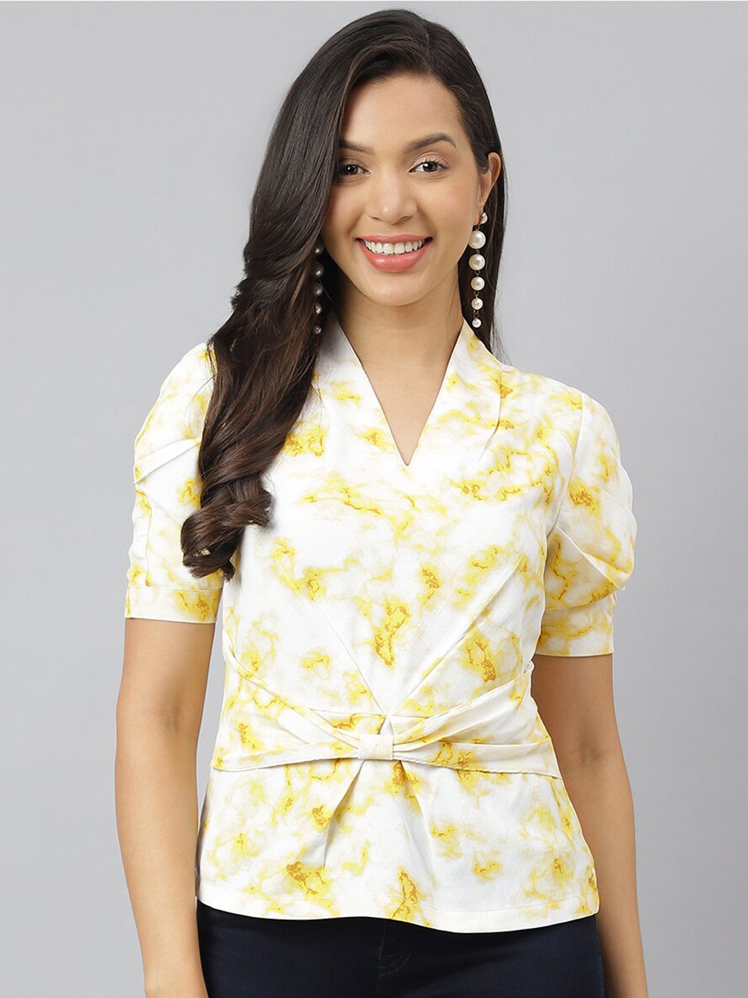 

Latin Quarters Floral Print Puff Sleeve Wrap Top, Yellow