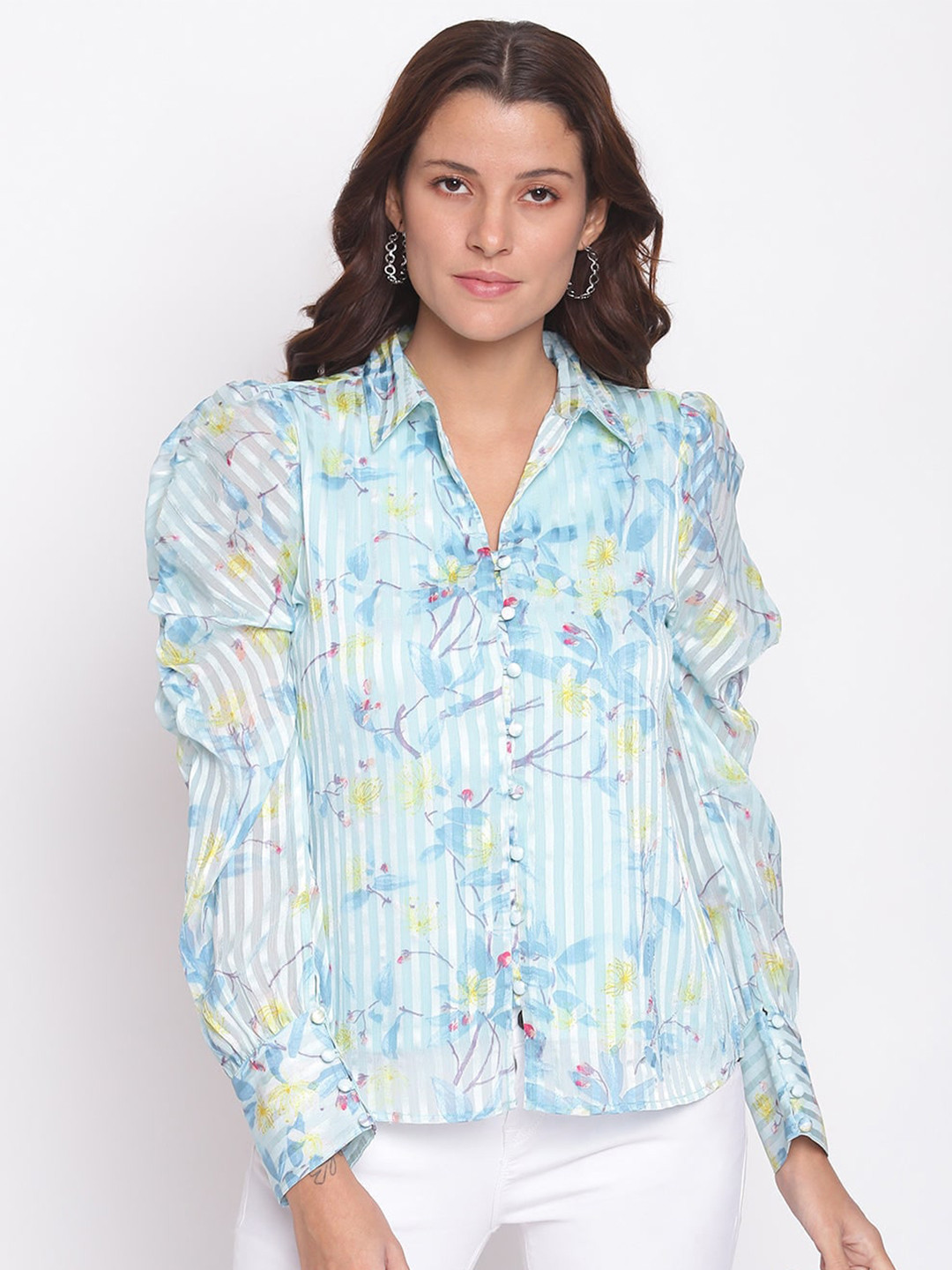 

Latin Quarters Floral Printed Shirt Collar Casual Top, Blue