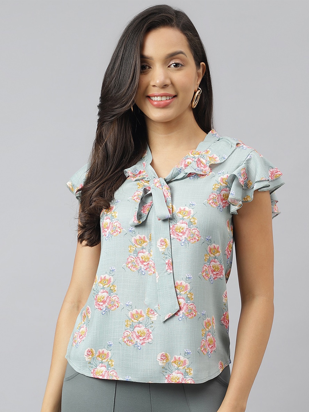 

Latin Quarters Floral Printed Tie-Up Neck Flutter Sleeve Casual Top, Blue