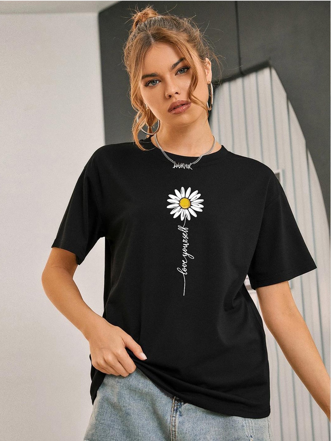 

Kotty Floral Printed Oversize Cotton T-shirt, Black