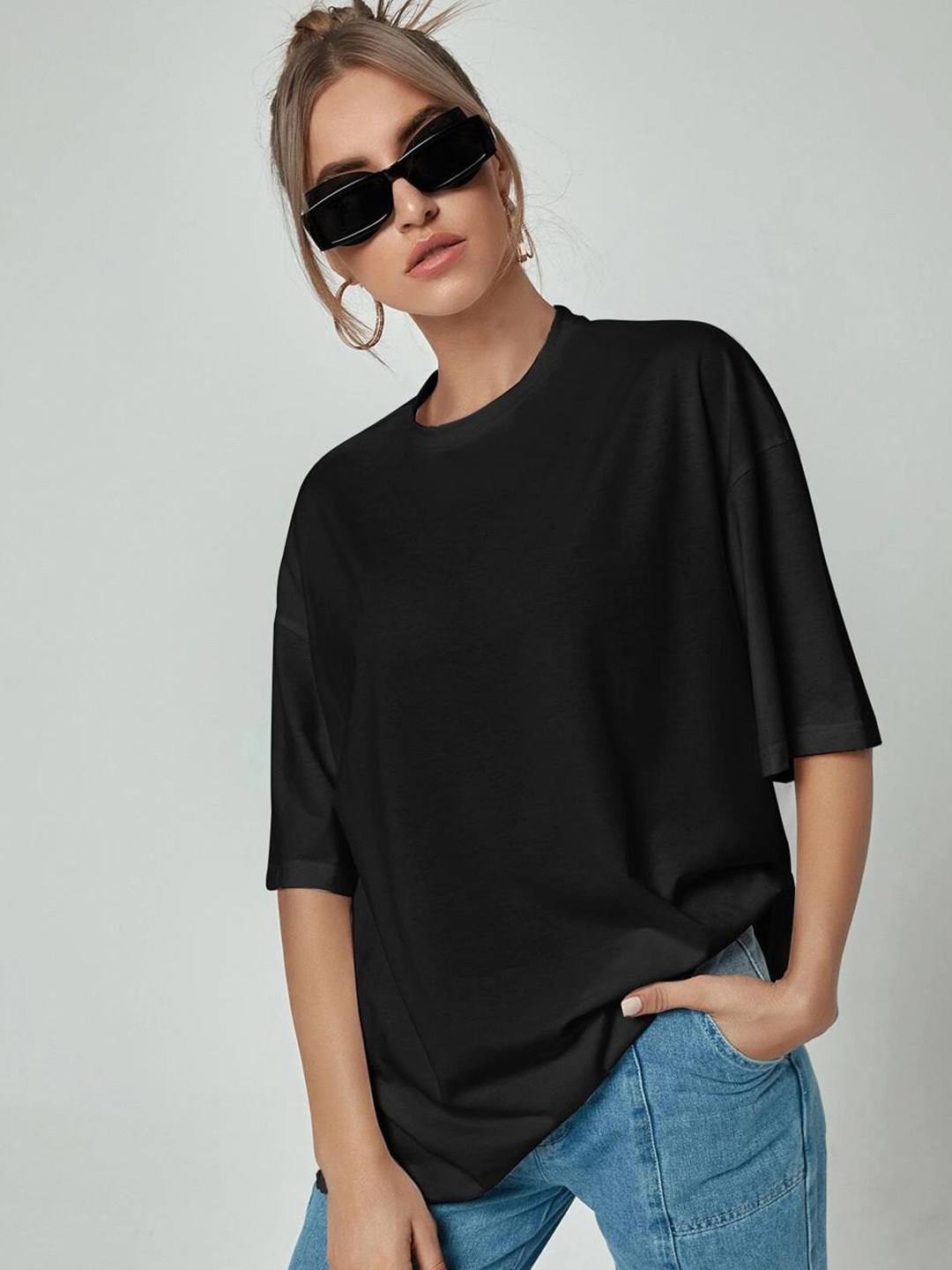 

Kotty Drop-Shoulder Sleeves Loose Cotton T-shirt, Black