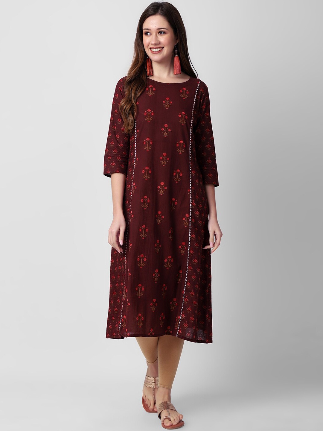 

KALINI Floral Printed Gotta Patti Round Neck Pure Cotton Straight Kurta, Maroon
