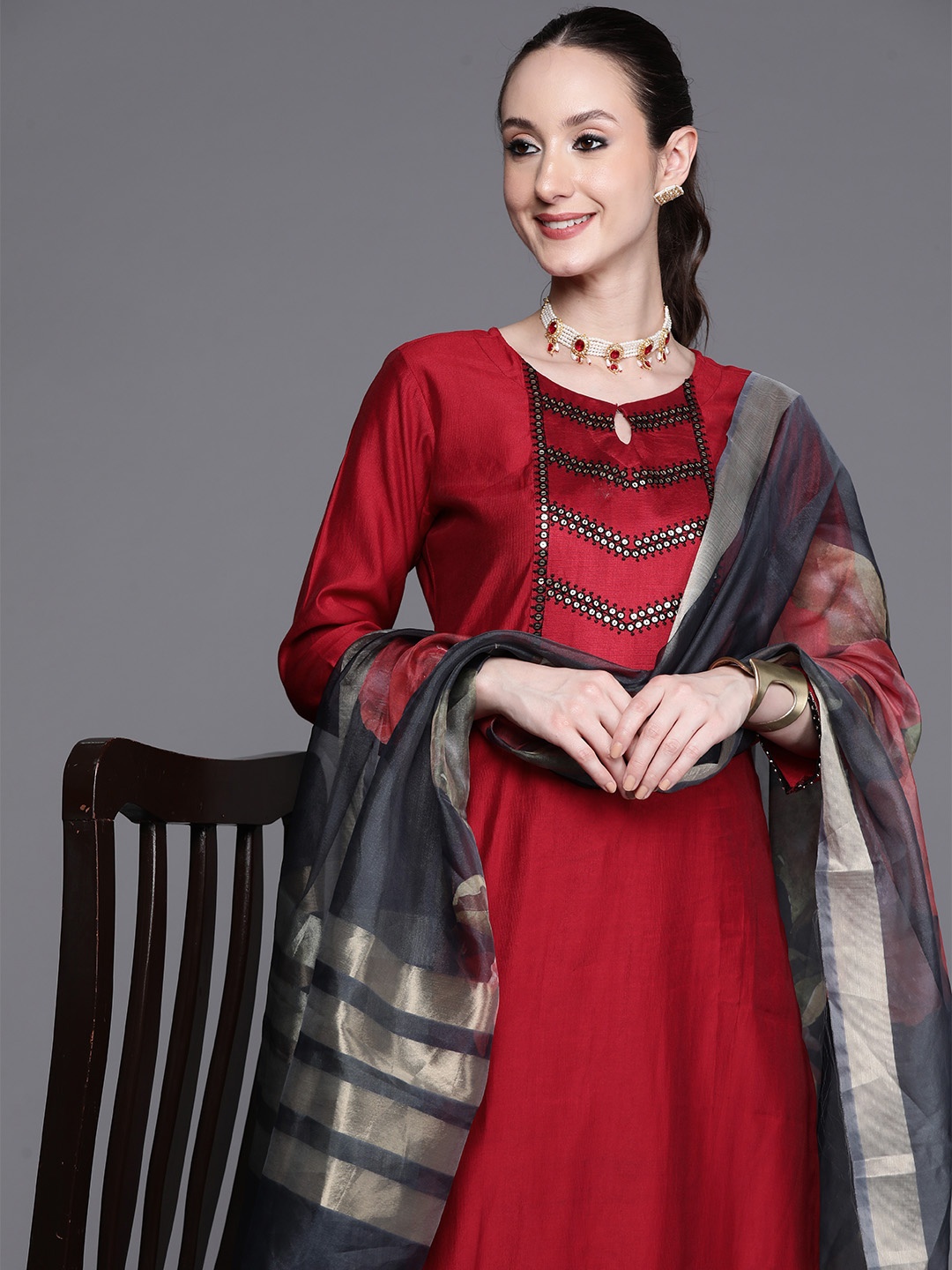 

Indo Era Yoke Design Liva Kurta With Trousers & Dupatta, Red