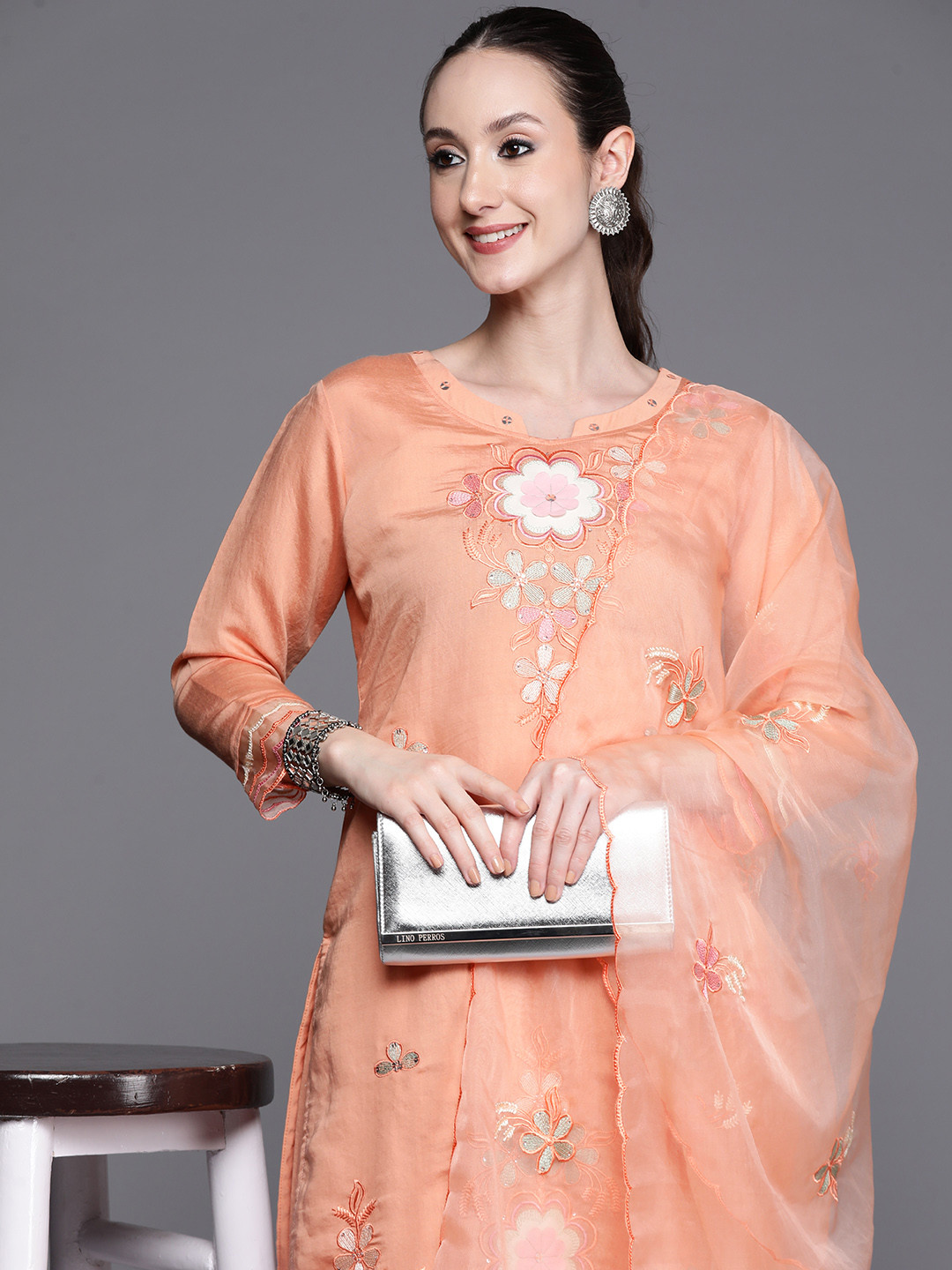 

Indo Era Floral Embroidered Patchwork Chanderi Silk Kurta with Trousers & With Dupatta, Peach