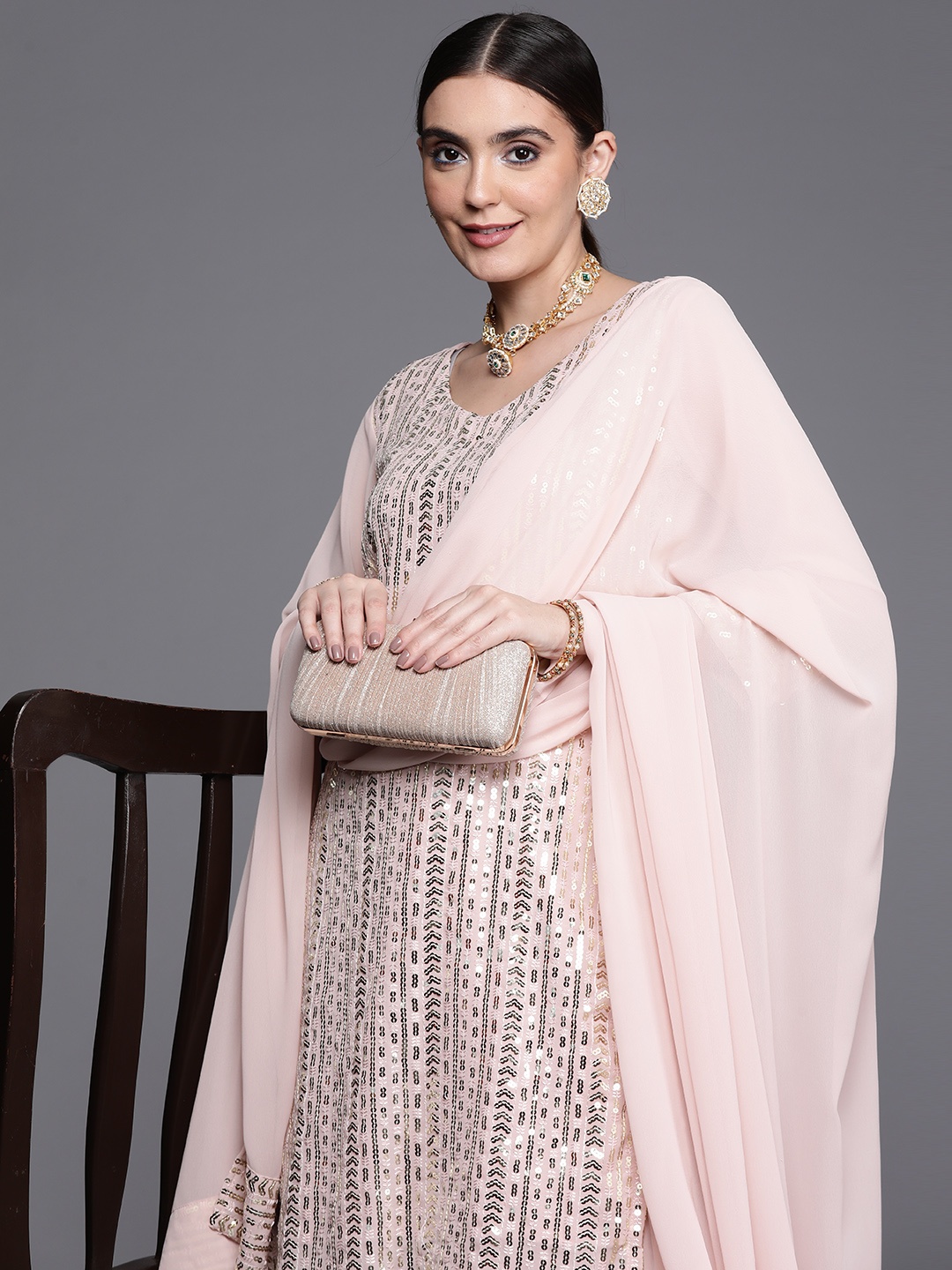 

Indo Era Embroidered Regular Sequinned Kurta with Sharara & With Dupatta, Pink