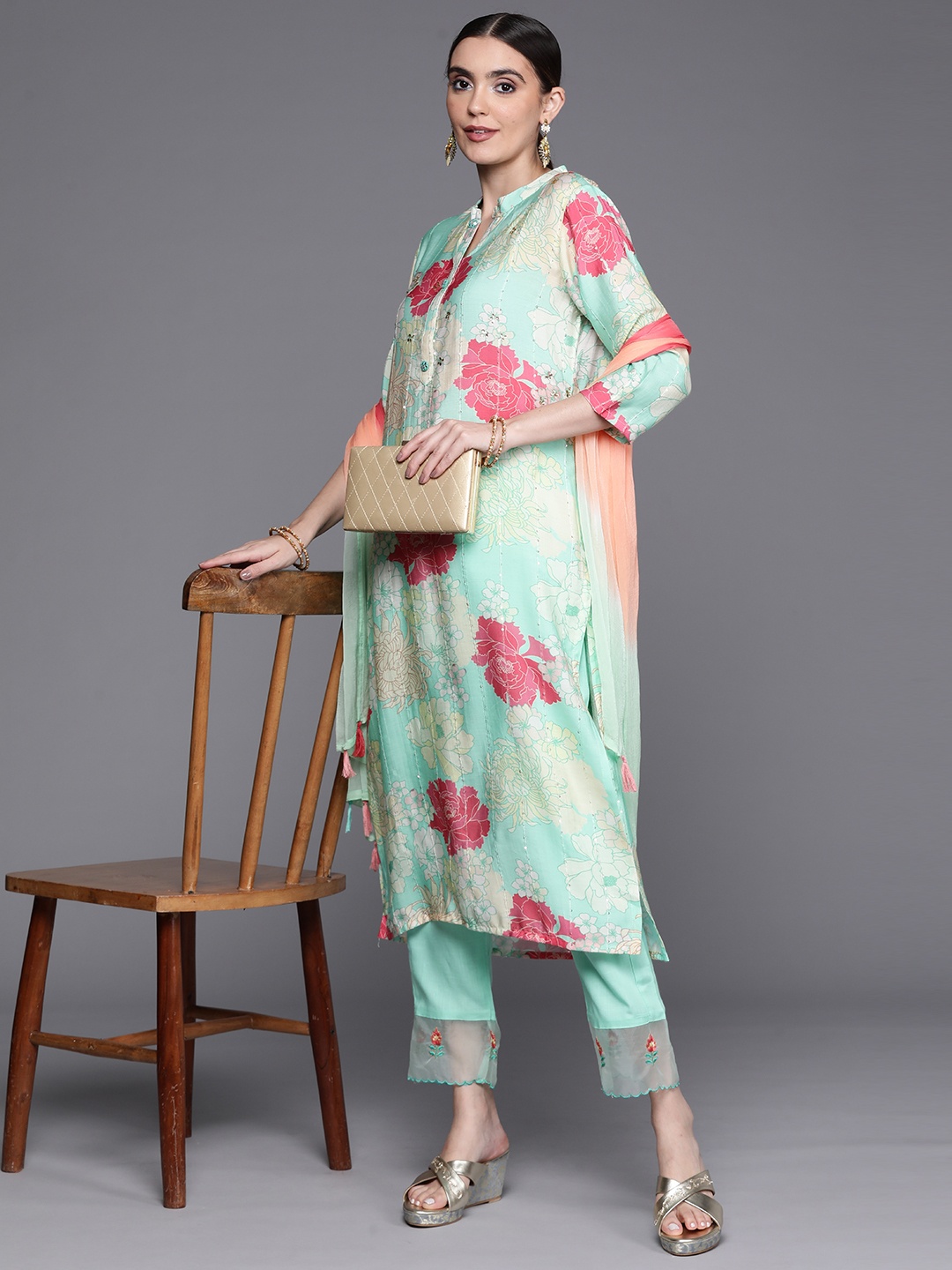 

Indo Era Floral Embroidered Sequinned Kurta With Trousers & Dupatta, Sea green