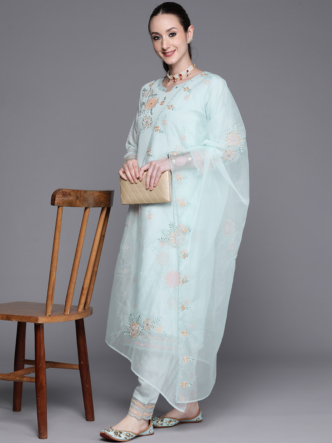 

Indo Era Floral Embroidered Sequinned Chanderi Silk Kurta With Trousers & Dupatta, Blue