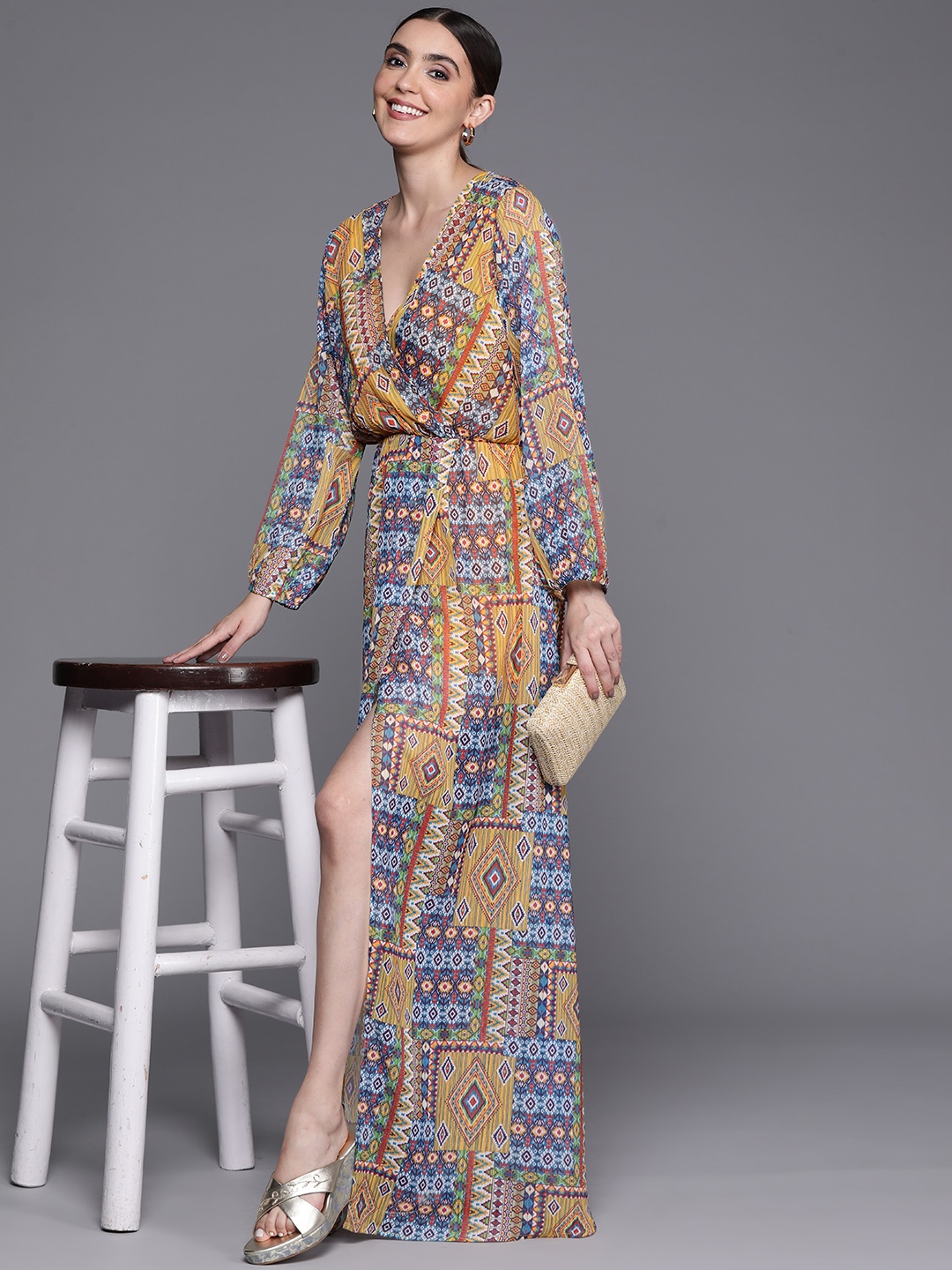 

Indo Era Bohemian Print Puff Sleeves Chiffon Maxi Wrap Dress With Slit Detail, Multi