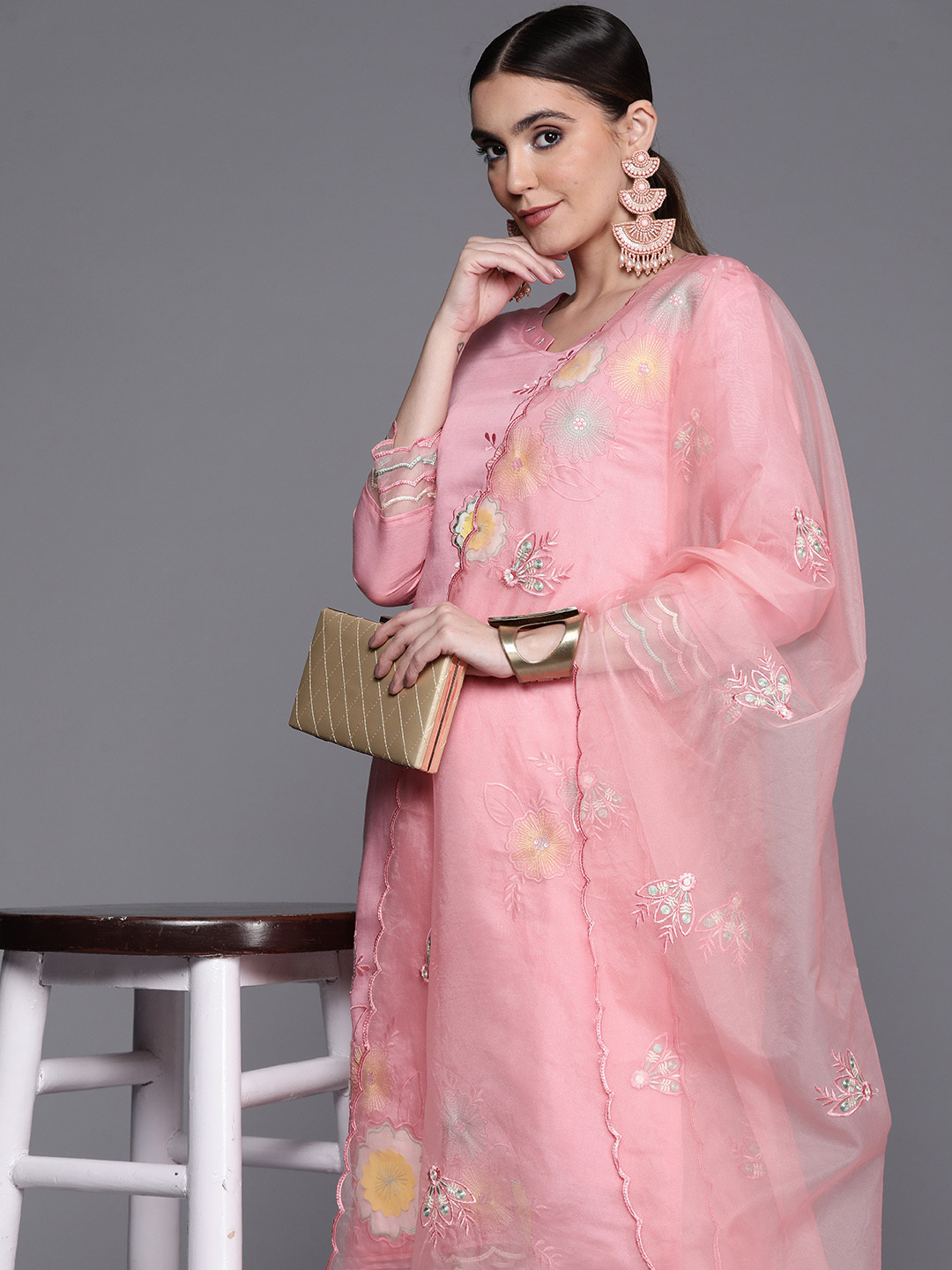 

Indo Era Floral Embroidered Sequinned Chanderi Silk Kurta With Trousers & Dupatta, Pink