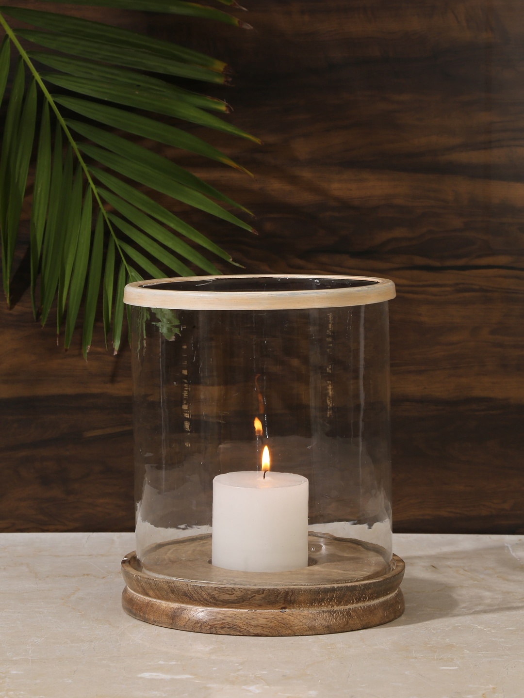 

Amoliconcepts Transparent & Brown Hurricane Glass Candle Holder With Wooden Base