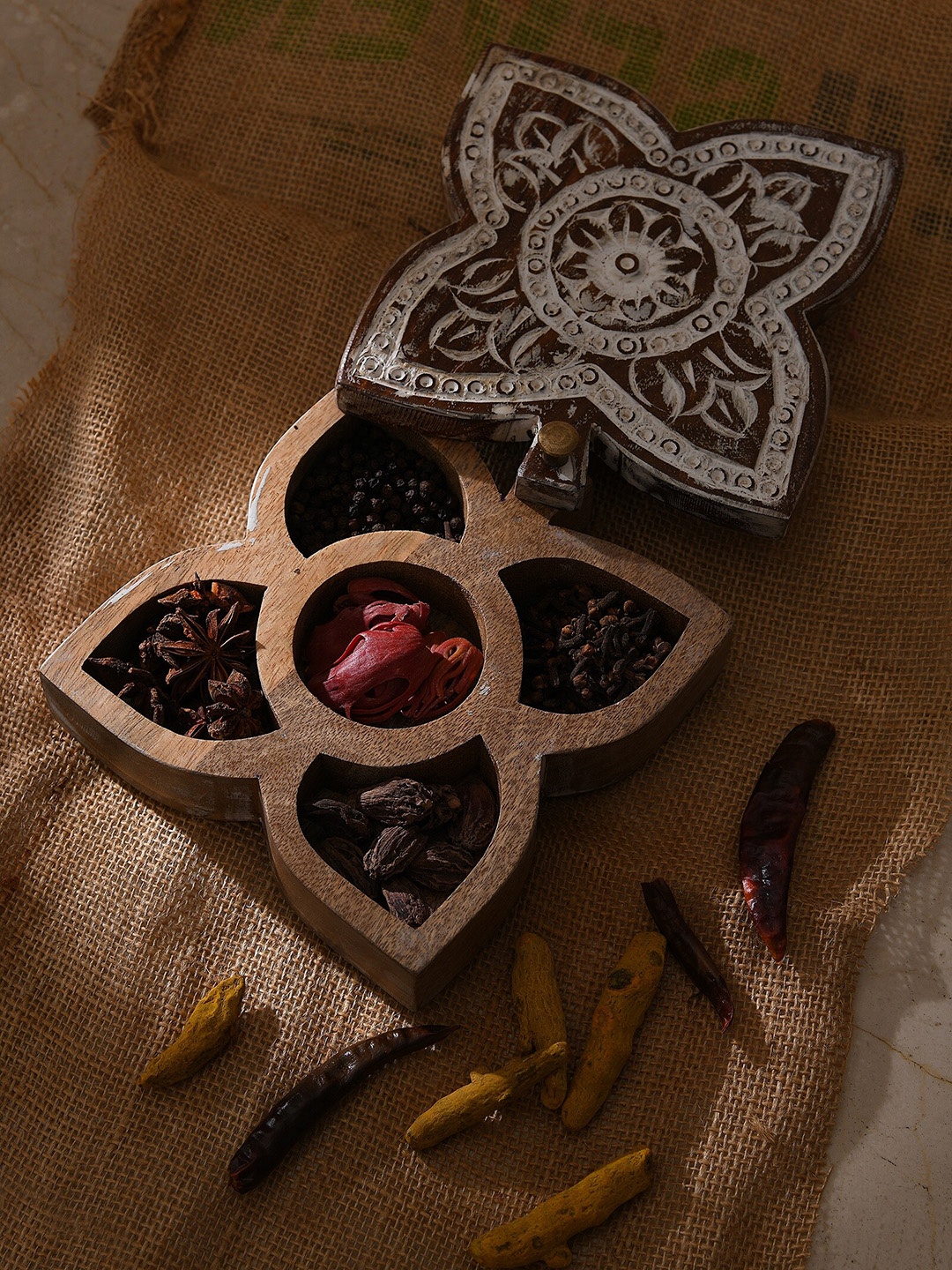 

Amoliconcepts Nomad Chic White & Brown Carved White Wash Finished Wooden Spice Box
