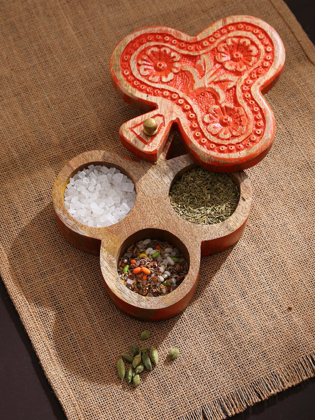 

Amoliconcepts Nomad Chic Orange-Coloured Carved Antique Finish Wooden Spice Box