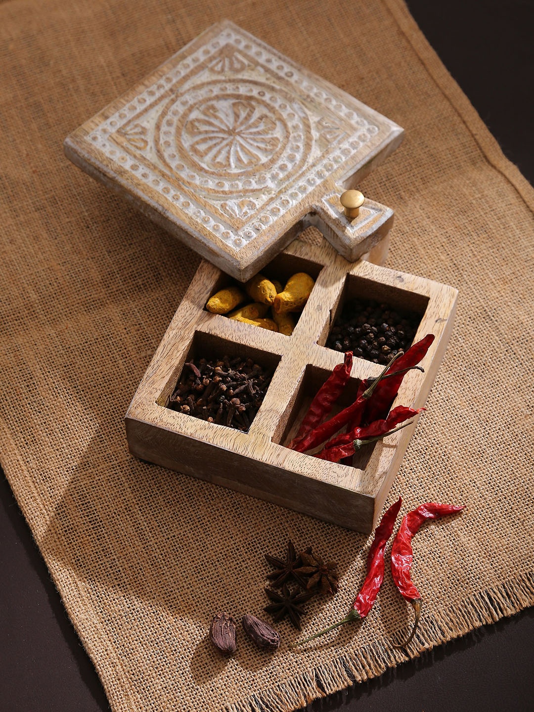 

Amoliconcepts Nomad Chic Brown Carved White Wash Finished Wooden Spice Box