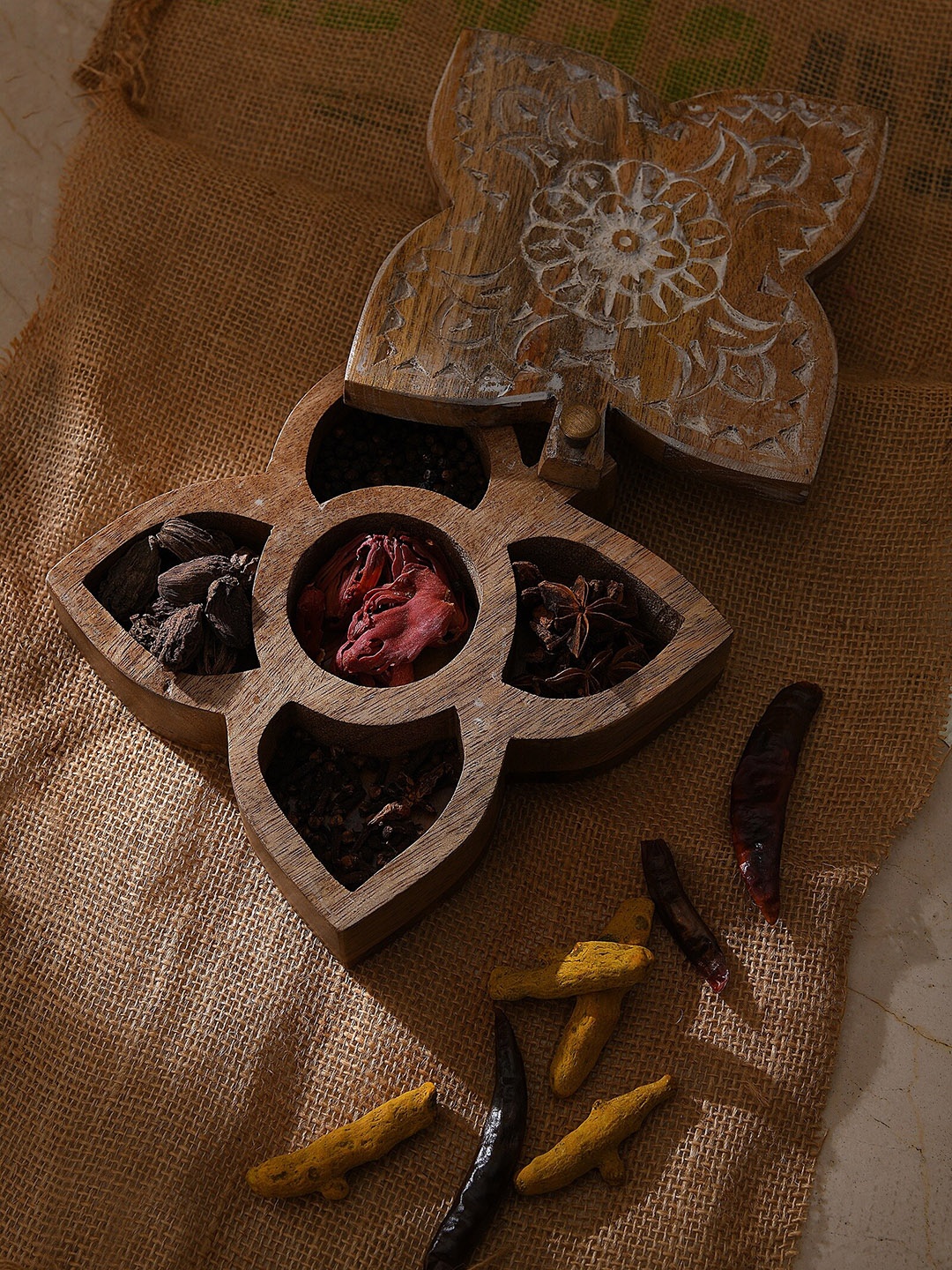 

Amoliconcepts Nomad Chic Brown Carved White Wash Finished Wooden Spice Box