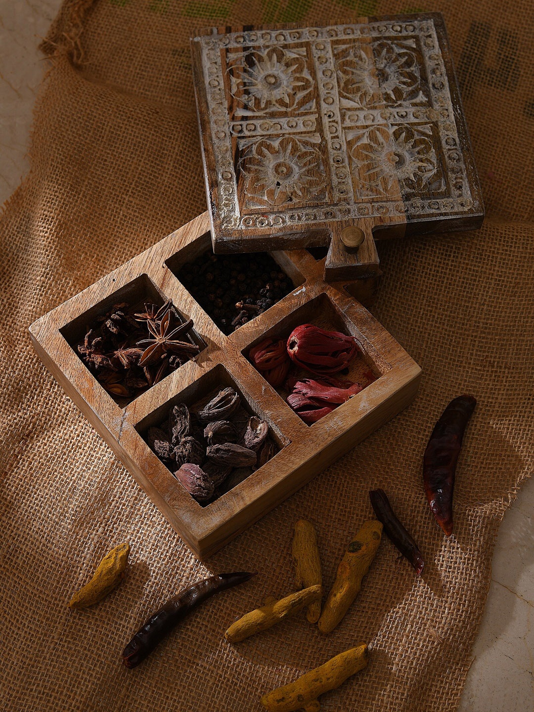 

Amoliconcepts Nomad Chic Brown Carved White Wash Finished Wooden Spice Box