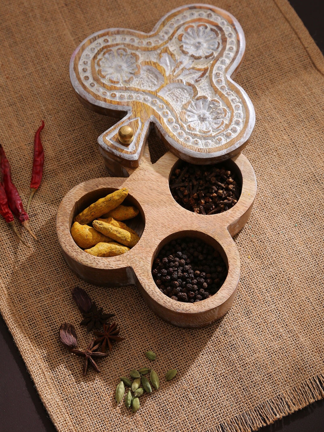 

Amoliconcepts Nomad Chic Brown Carved With White Wash Finished Wooden Spice Box