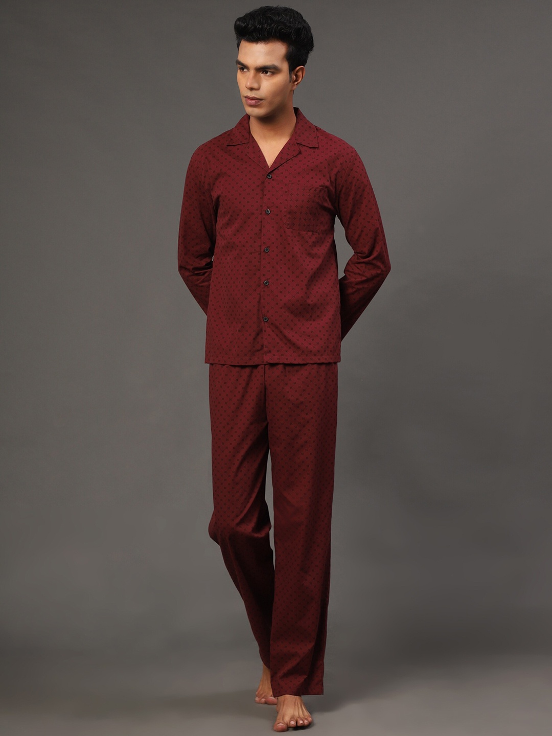 

BStories Ethnic Motifs Printed Pure Cotton Night Suit, Maroon