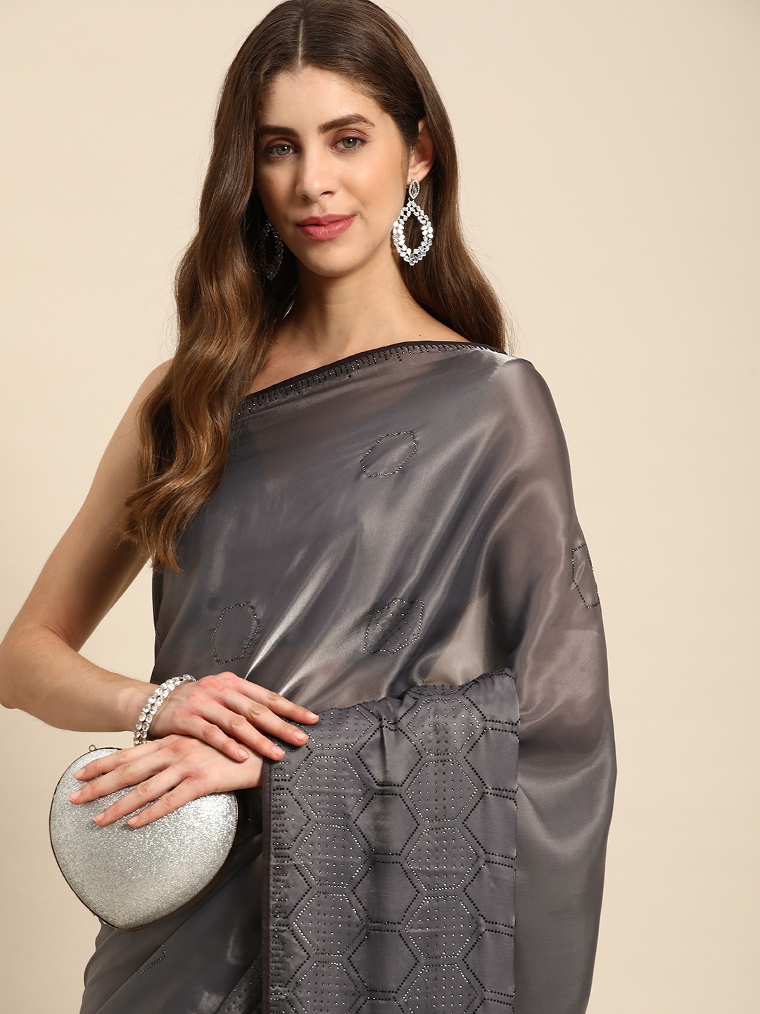 

Mitera Embellished Beads & Stones Satin Saree, Grey