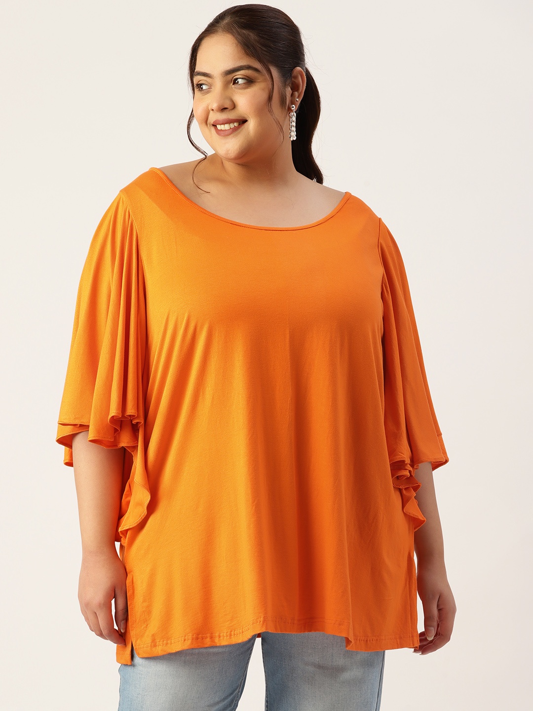 

theRebelinme Plus Size Flared Sleeves Ruffles Longline Top, Orange