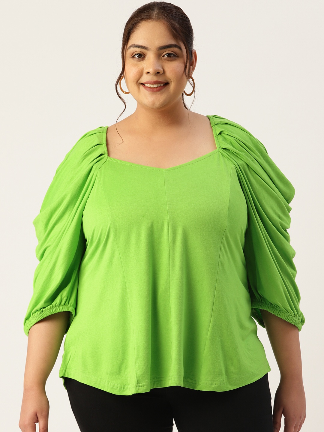 

theRebelinme Plus Size Sweetheart Neck Puff Sleeves Longline Top, Green