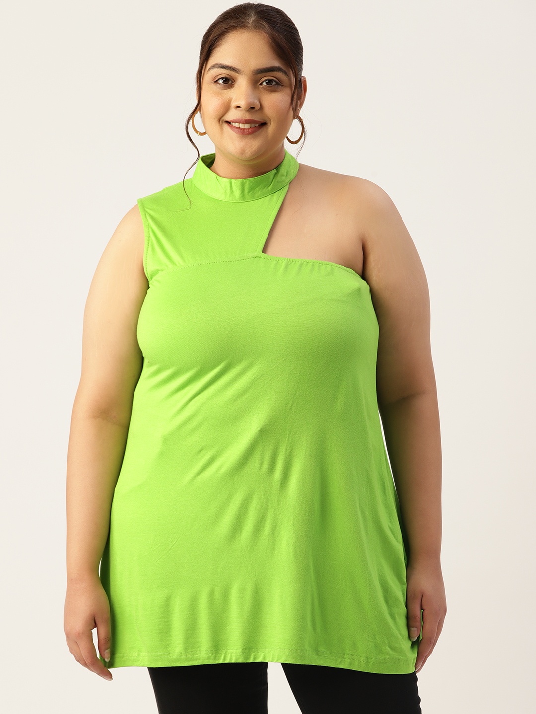 

theRebelinme Plus Size High Neck Longline Top With Cut-Out Detail, Green