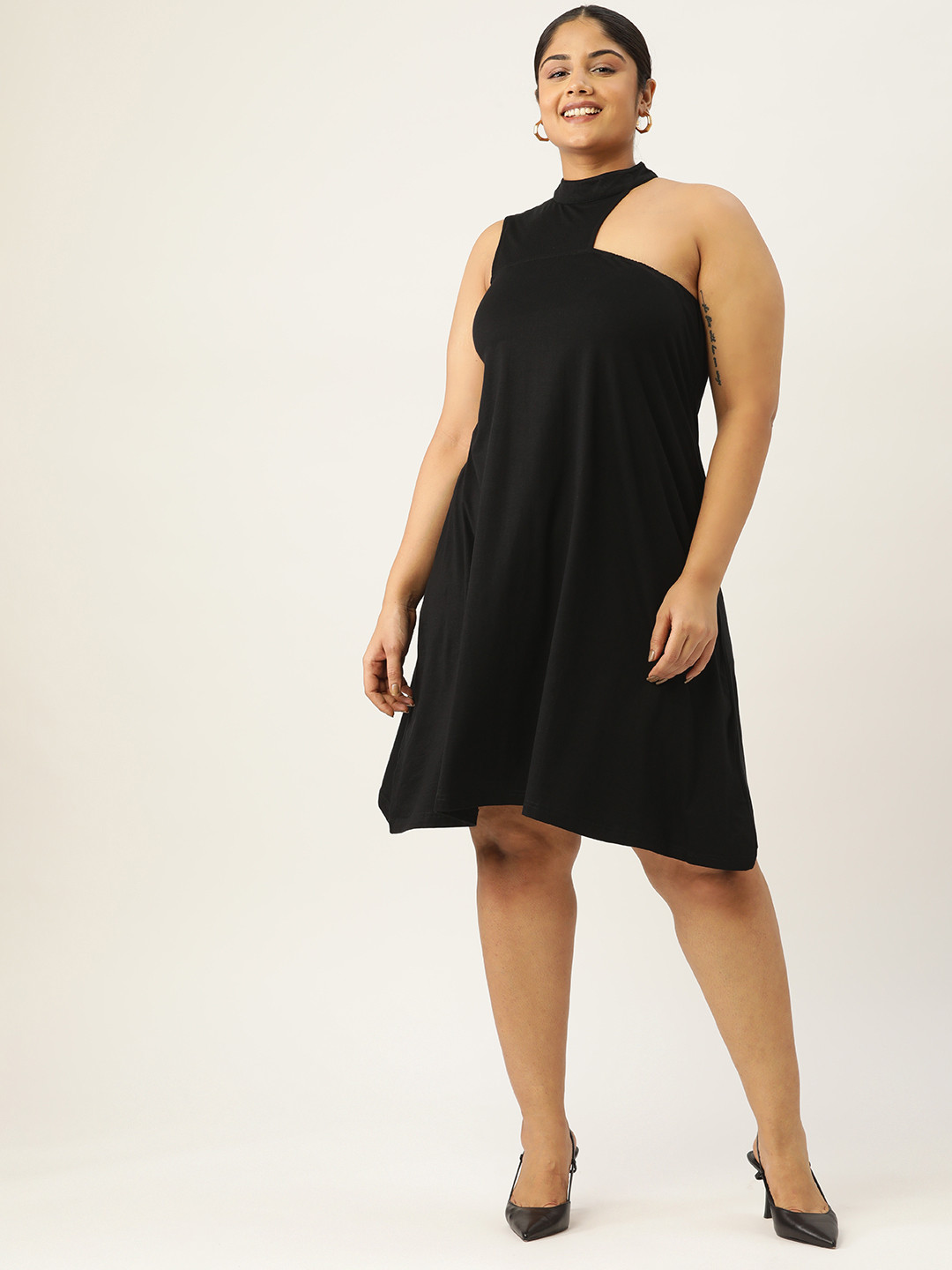 

theRebelinme Plus Size High Neck A-Line Dress With Cut-Out Detail, Black