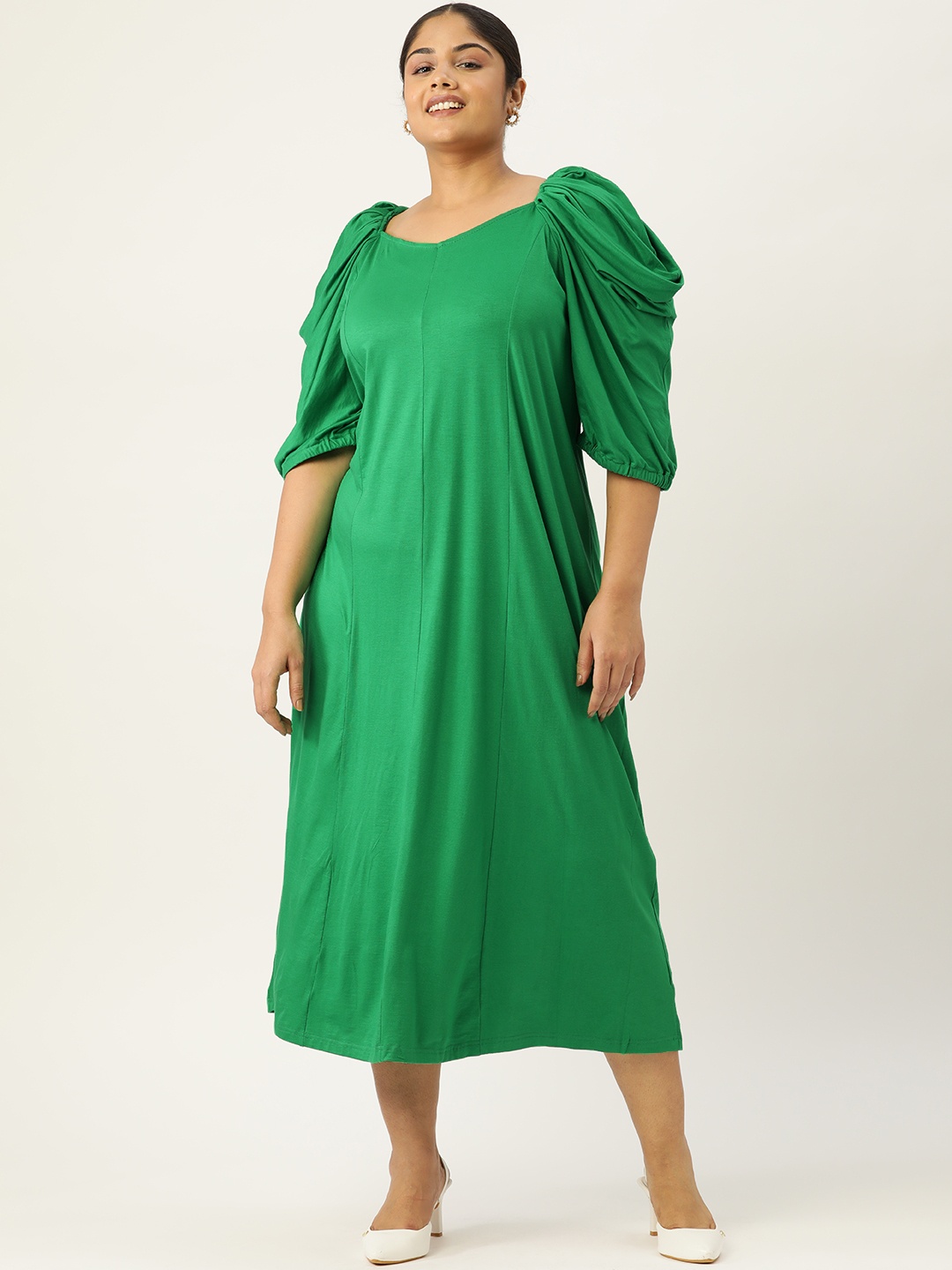 

theRebelinme Plus Size Puff Sleeve A-Line Midi Dress, Green