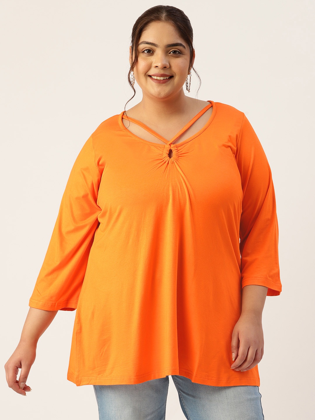 

theRebelinme Plus Size Keyhole Neck Longline Top, Orange