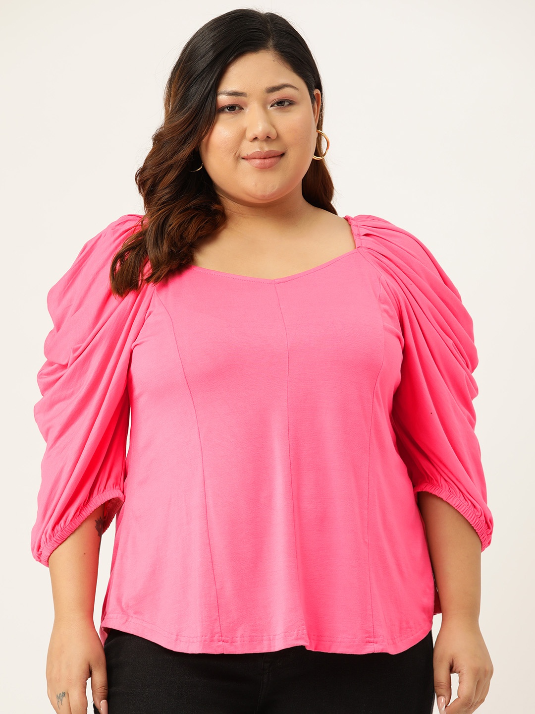 

theRebelinme Plus Size Sweetheart Neck Puff Sleeve Top, Pink