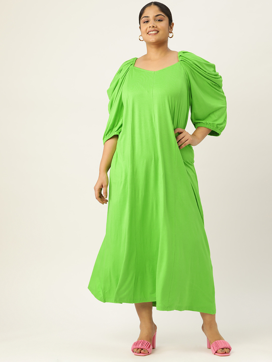 

theRebelinme Plus Size Puff Sleeves A-Line Maxi Dress, Green