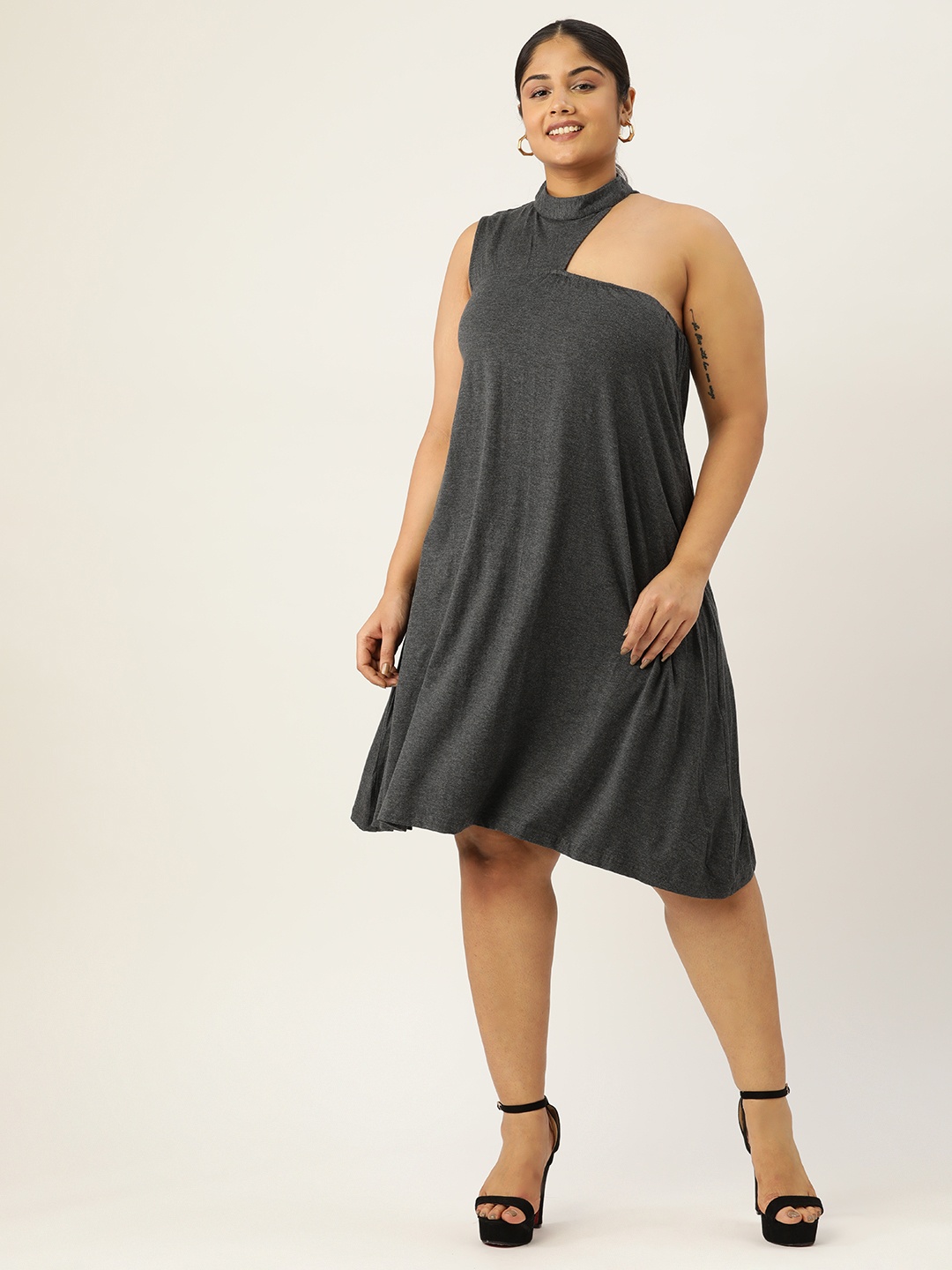 

theRebelinme Plus Size High Neck A-Line Dress With Cut-Out Detail, Charcoal