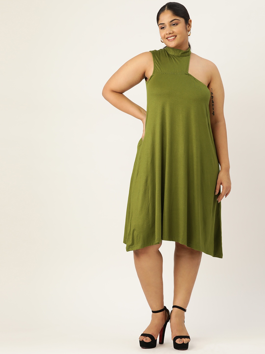 

theRebelinme Plus Size Solid A-Line Dress, Olive