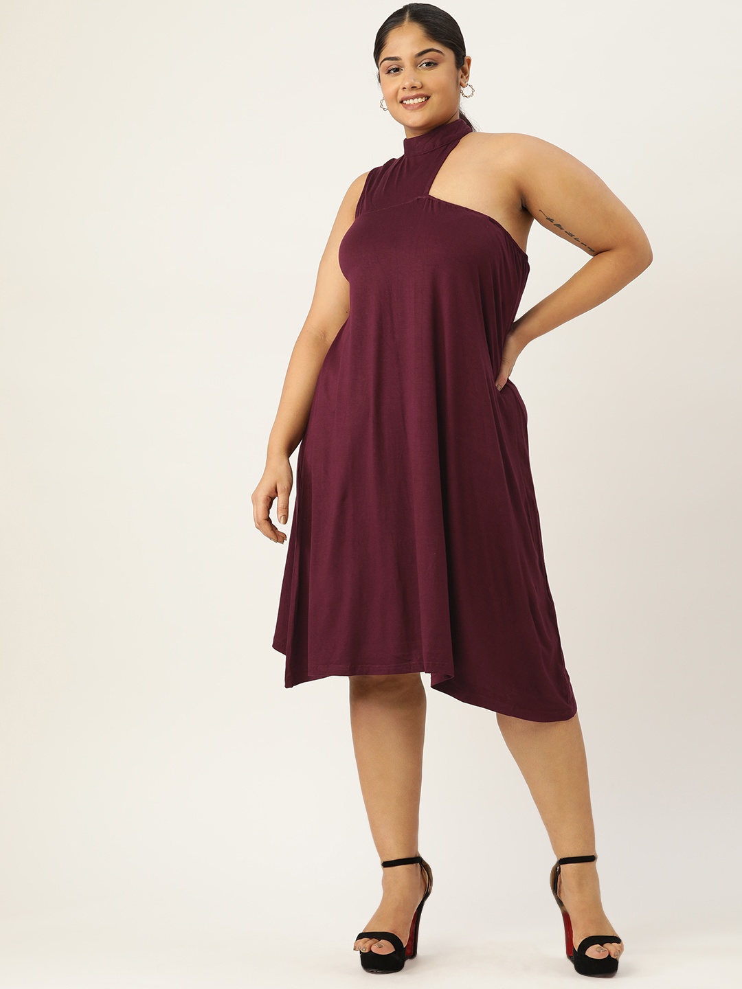 

theRebelinme Plus Size High Neck A-Line Dress With Cut-Out Detail, Purple