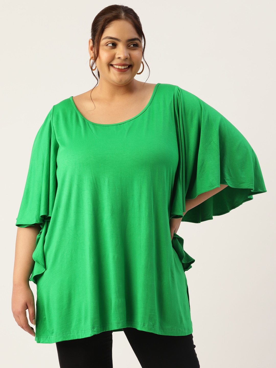 

theRebelinme Plus Size Flared Sleeves Ruffles Longline Top, Green