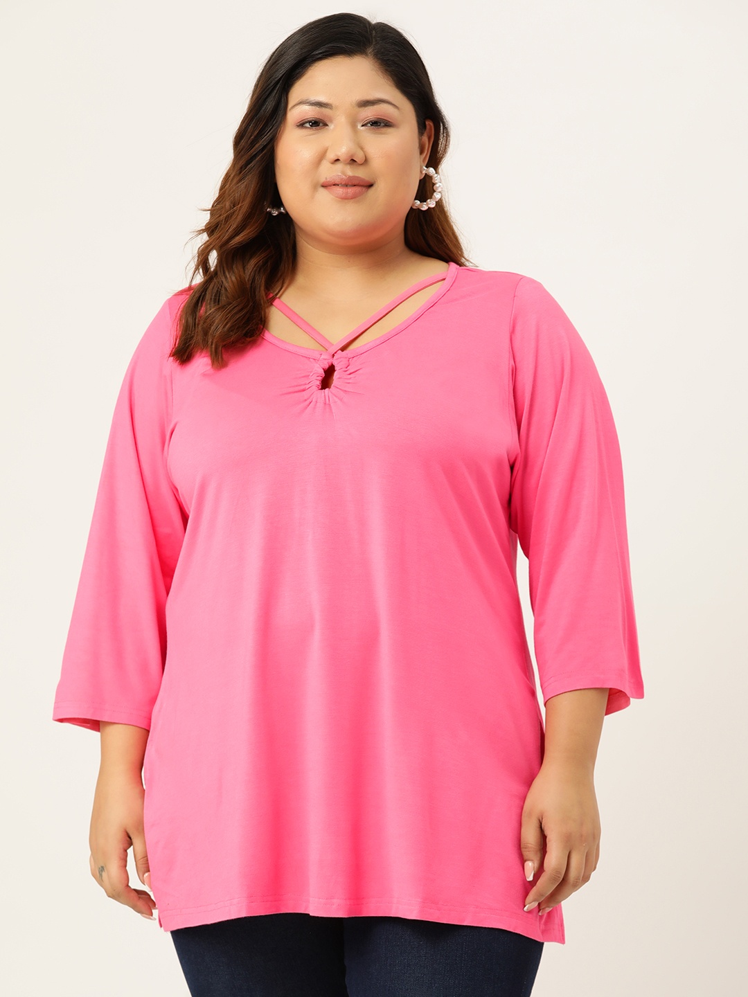 

theRebelinme Solid Plus Size Keyhole Neck Longline Top, Pink