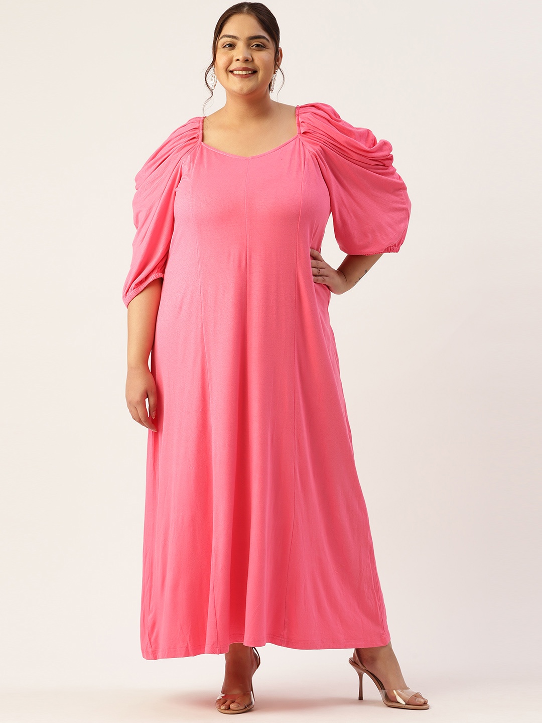 

theRebelinme Plus Size Puff Sleeves A-Line Maxi Dress, Pink