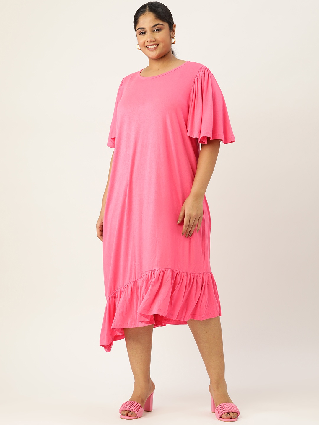 

theRebelinme Plus Size Flared Sleeves A-Line Midi Dress, Pink